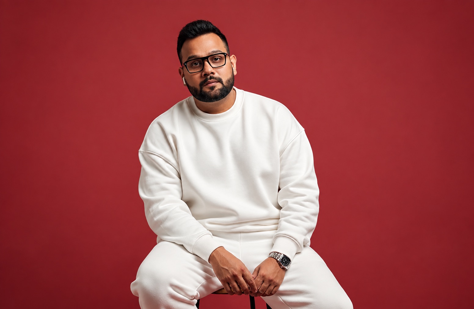 Lokesh Mohan seated on a stool against a deep red backdrop, in a white sweatshirt and black-framed glasses, looking toward the camera