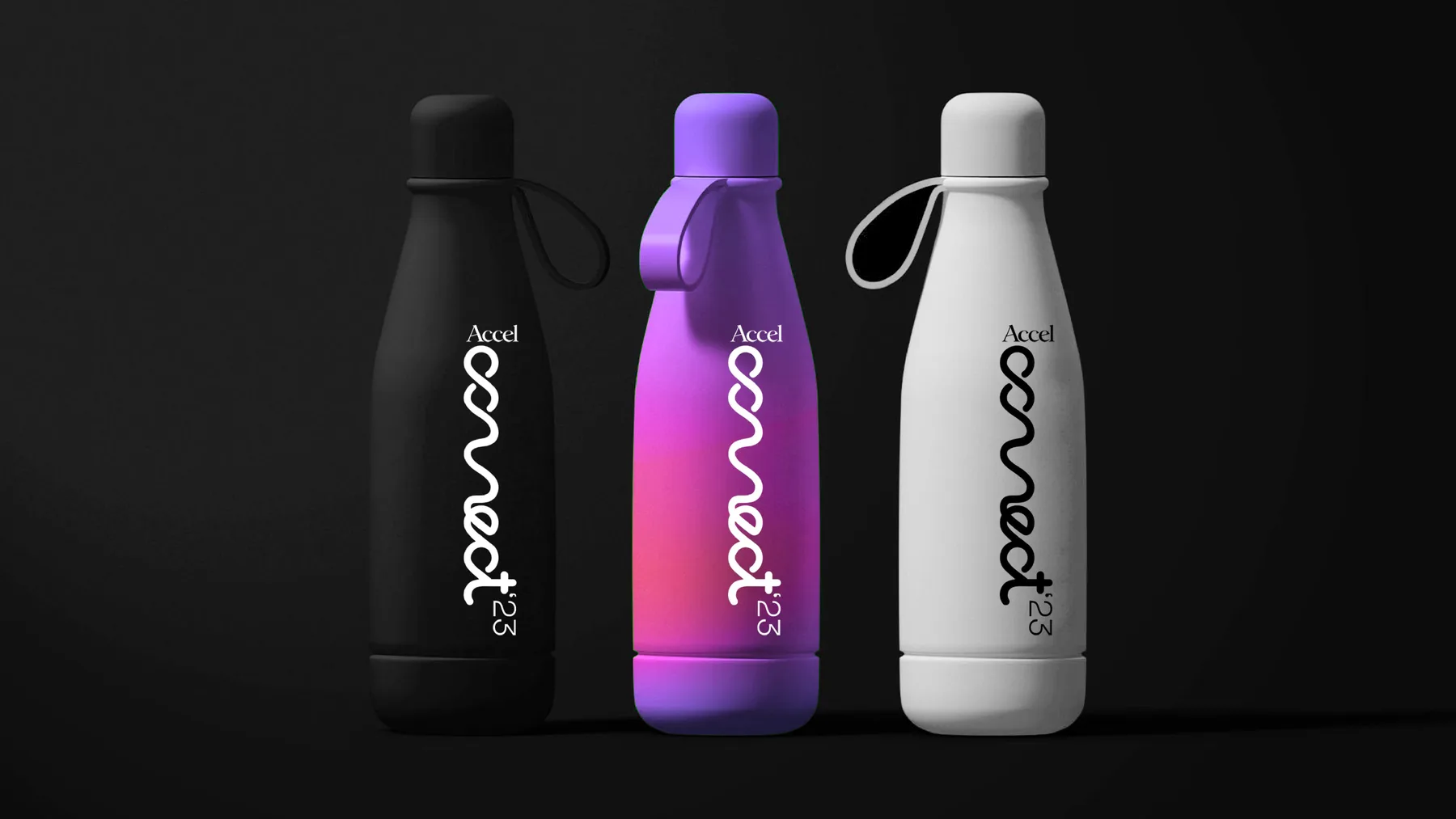 Three Accel Connect branded water bottles in black, purple-gradient and white