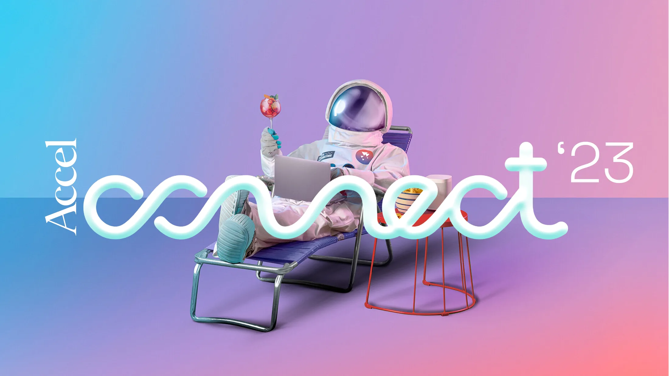 Accel Connect key visual: a retro-futurist astronaut lounging with a laptop, beside the Accel wordmark and the looping ‘connect’ logotype on a blue-to-pink gradient