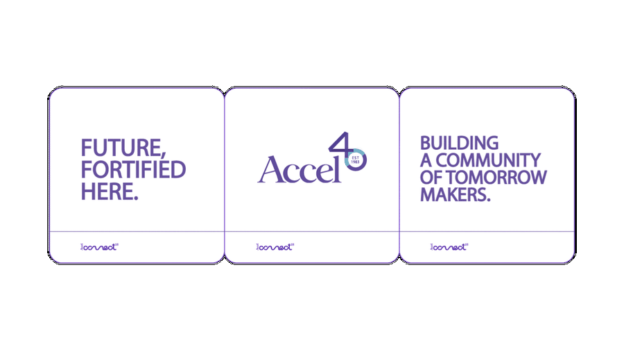 Animated Accel Connect message cards cycling through ‘Future, fortified here’, the Accel 40th-anniversary mark, and ‘Building a community of tomorrow makers’
