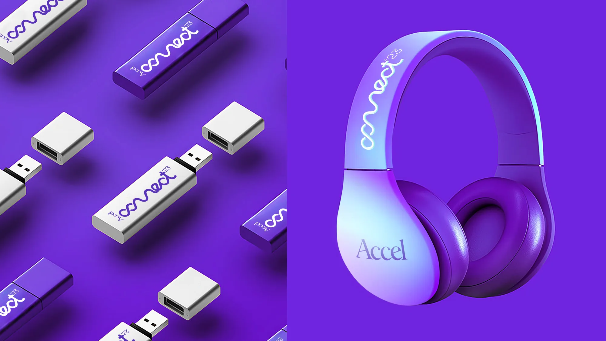 Accel Connect branded USB drives and wireless headphones with the wave logotype