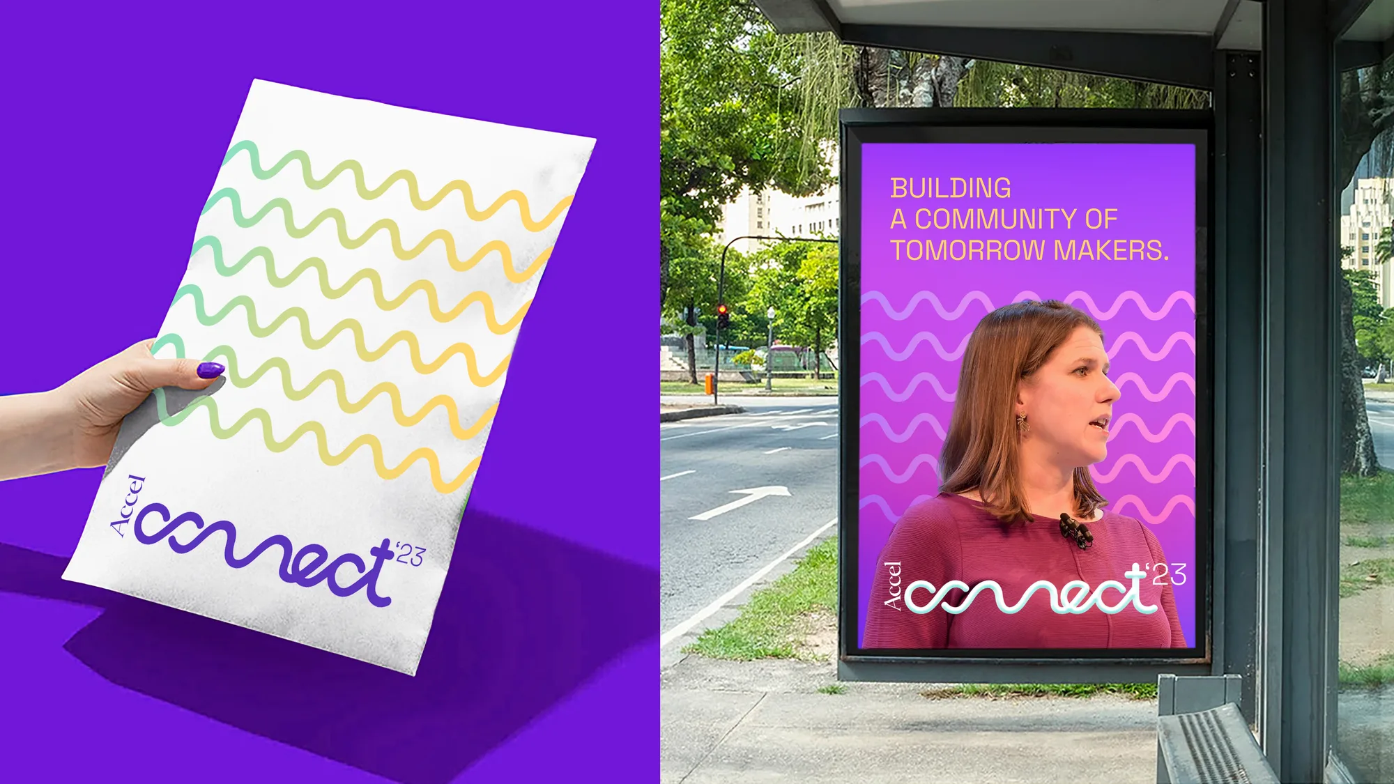 A hand holding a wave-pattern print poster beside a bus-shelter ad quoting ‘Building a community of tomorrow makers’