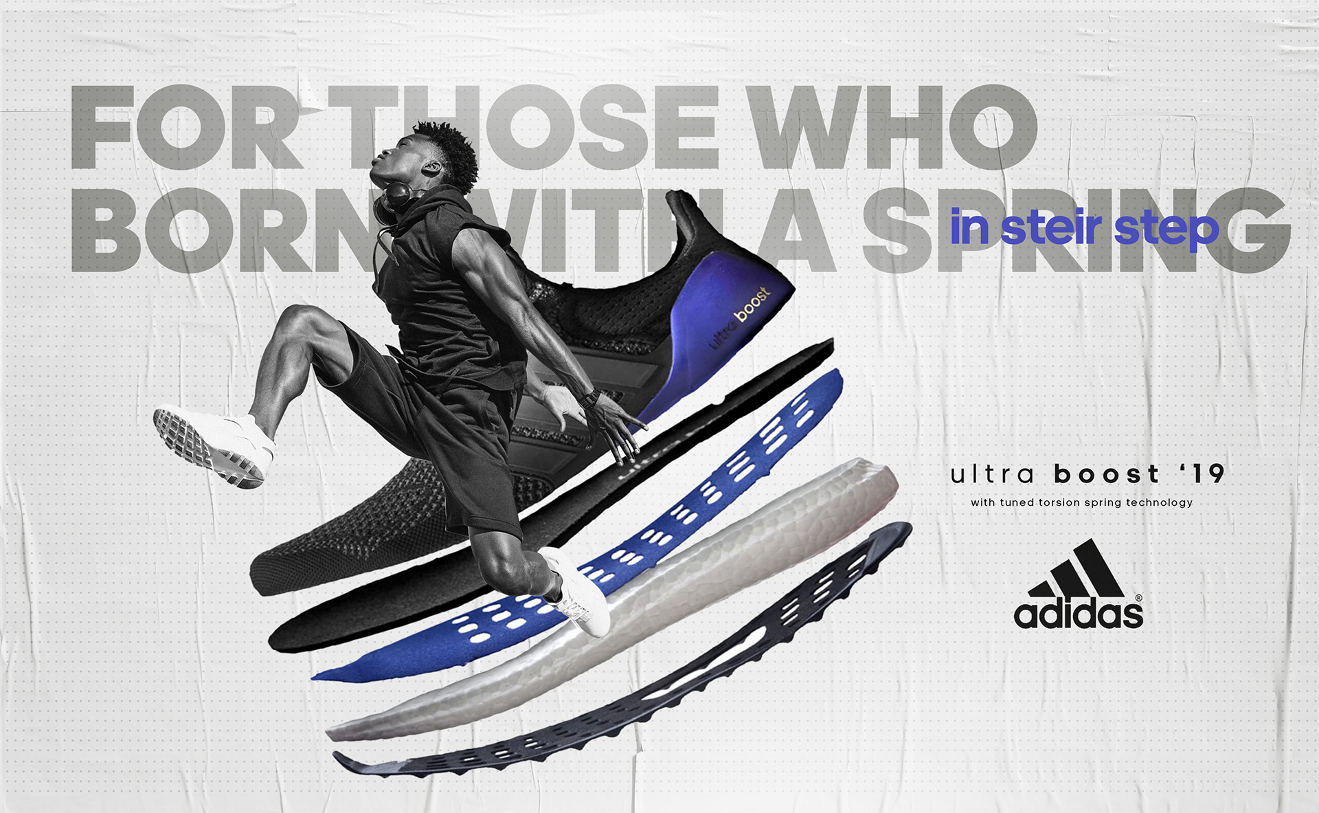 Adidas Ultraboost blue colorway key visual, ‘For those who born with a spring, in steir step’