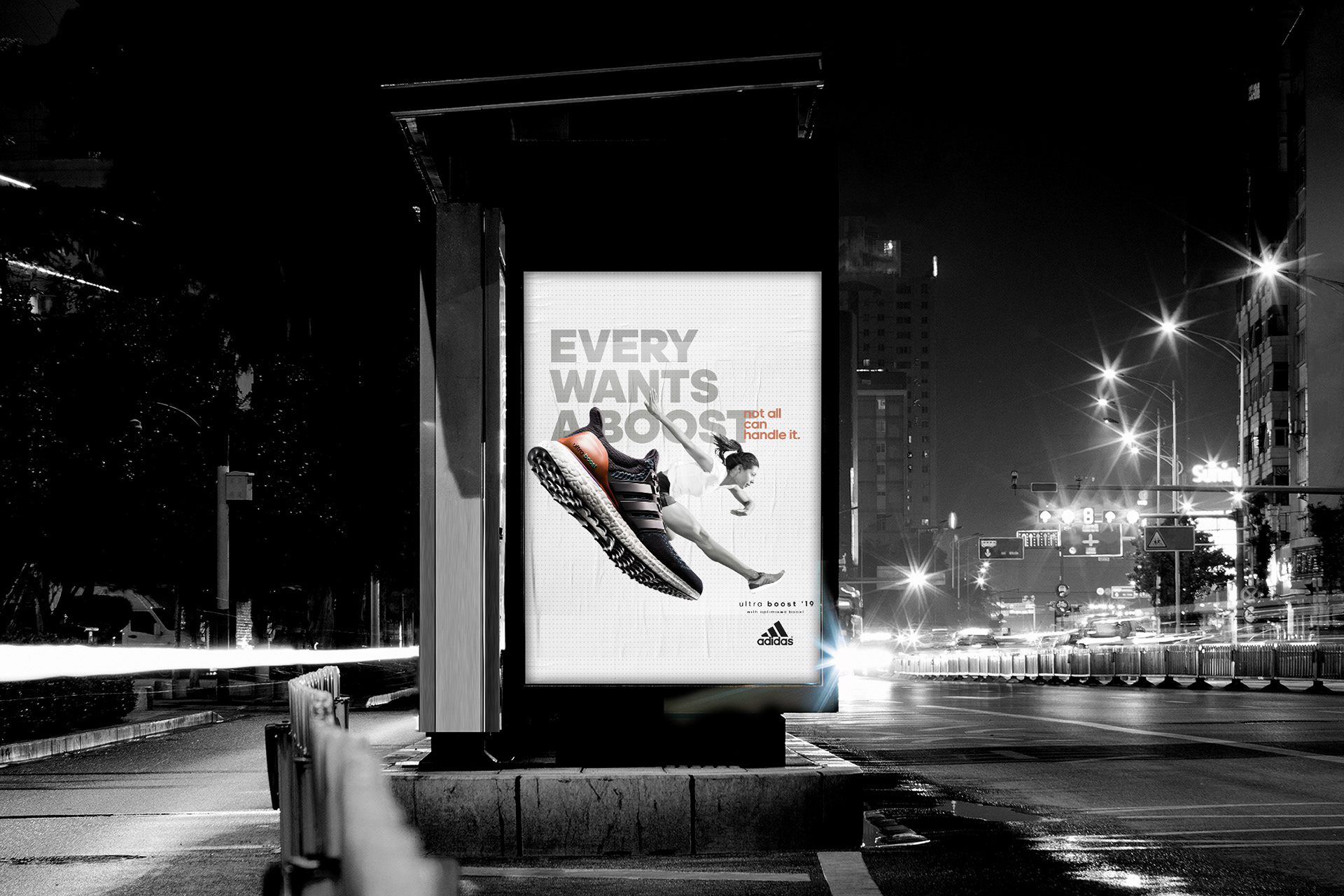 Adidas Ultraboost bus-shelter advertisement at night, ‘Every wants a boost, not all can handle it’