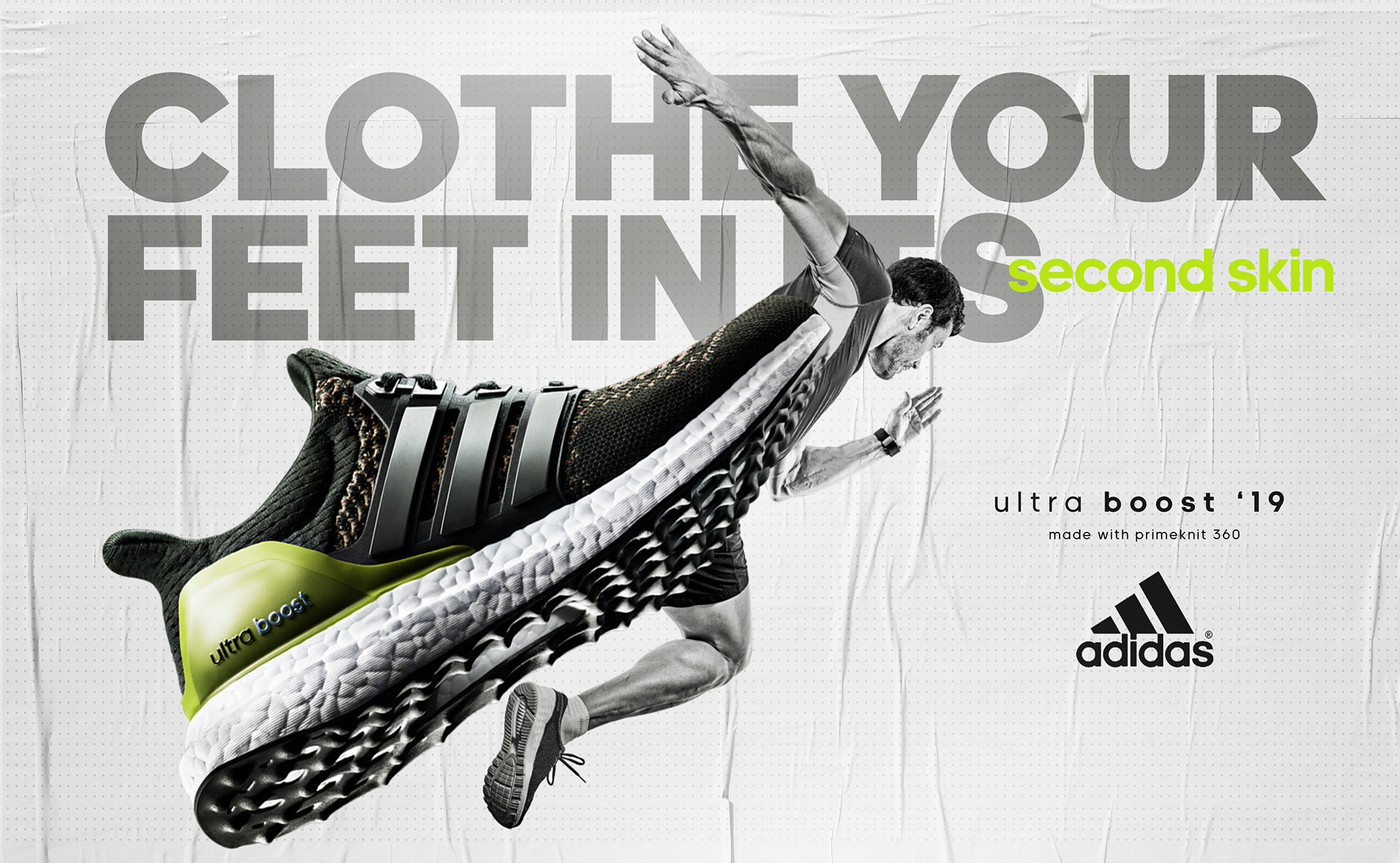 Adidas Ultraboost lime colorway key visual, ‘Clothe your feet in its second skin’
