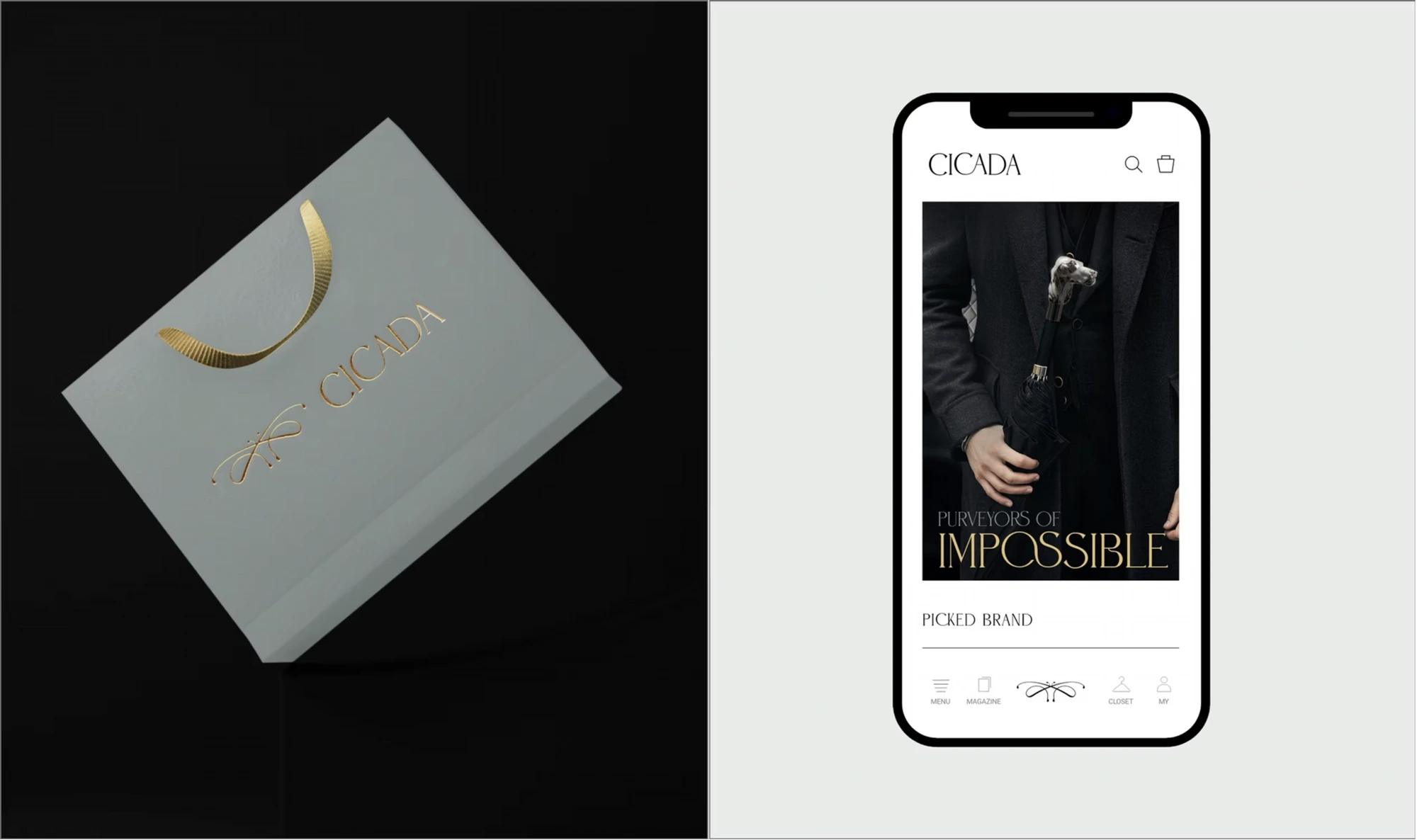 Cicada gift bag with gold-foil emblem beside the Cicada app home screen, showing a ‘Purveyors of Impossible’ campaign banner and a Picked Brand rail