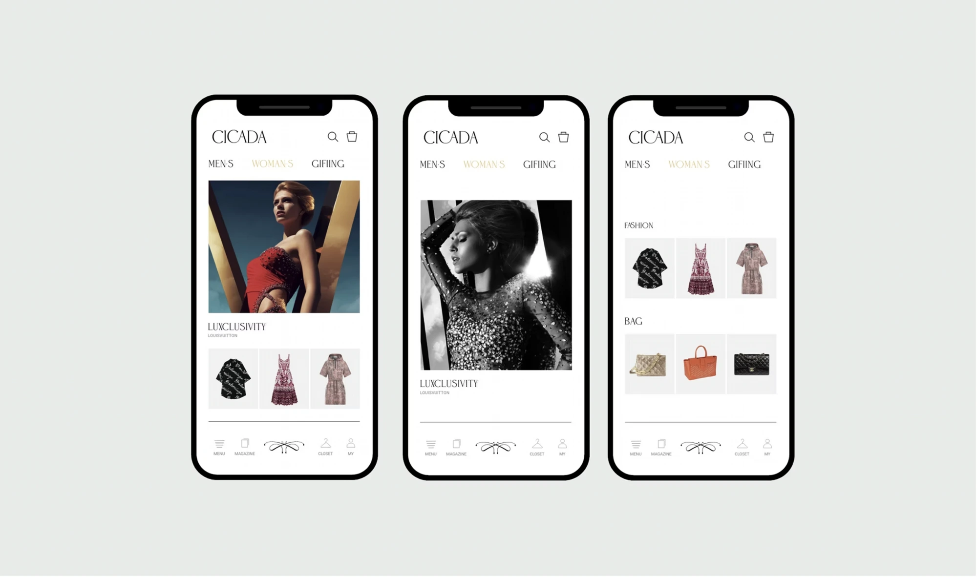 Three Cicada app screens for the ‘Luxclusivity’ Louis Vuitton edit: campaign image, editorial portrait, and Fashion/Bag product grids