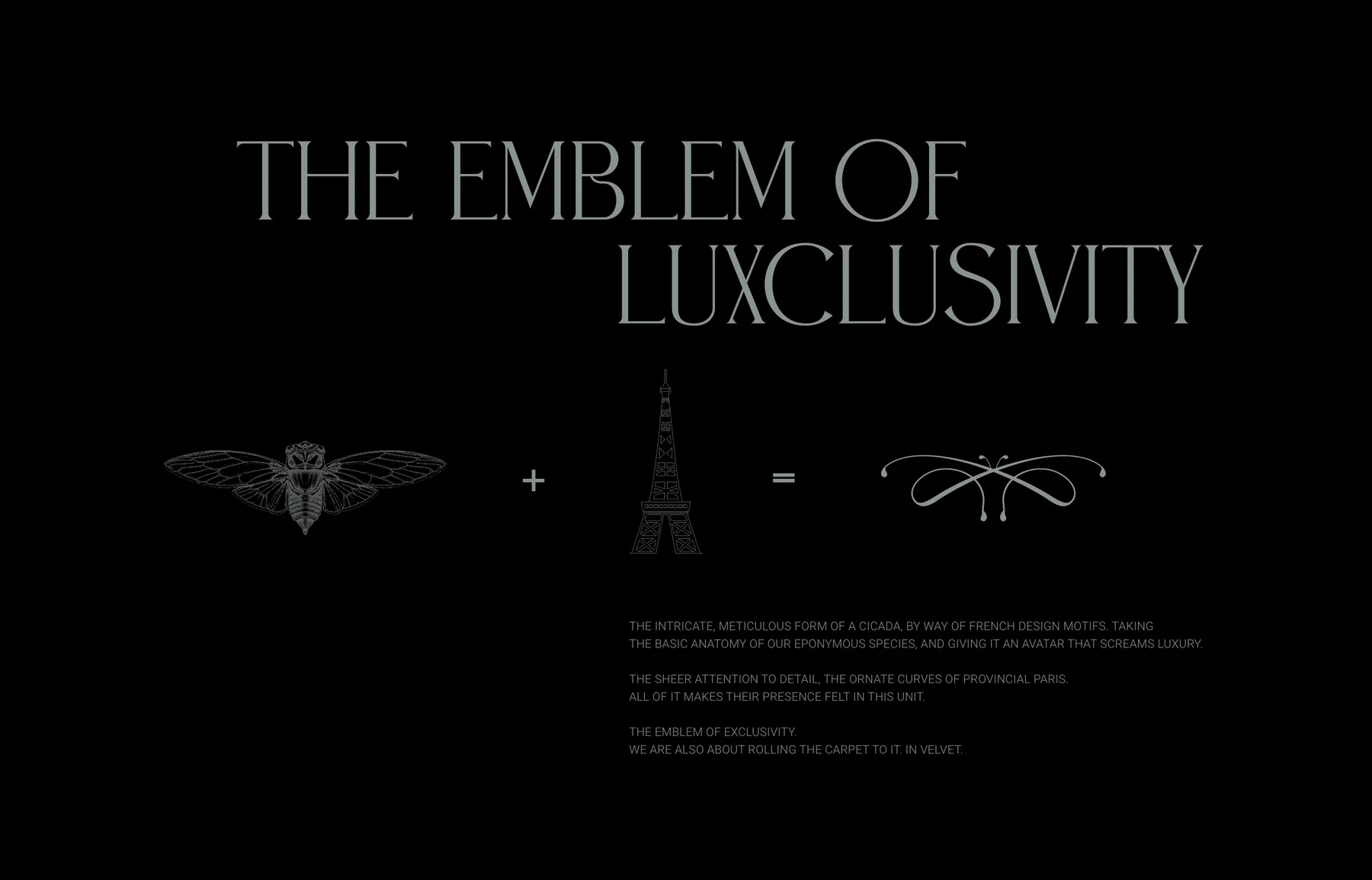 Construction logic: a cicada silhouette plus an Eiffel Tower motif equals the Cicada emblem’s flourish mark