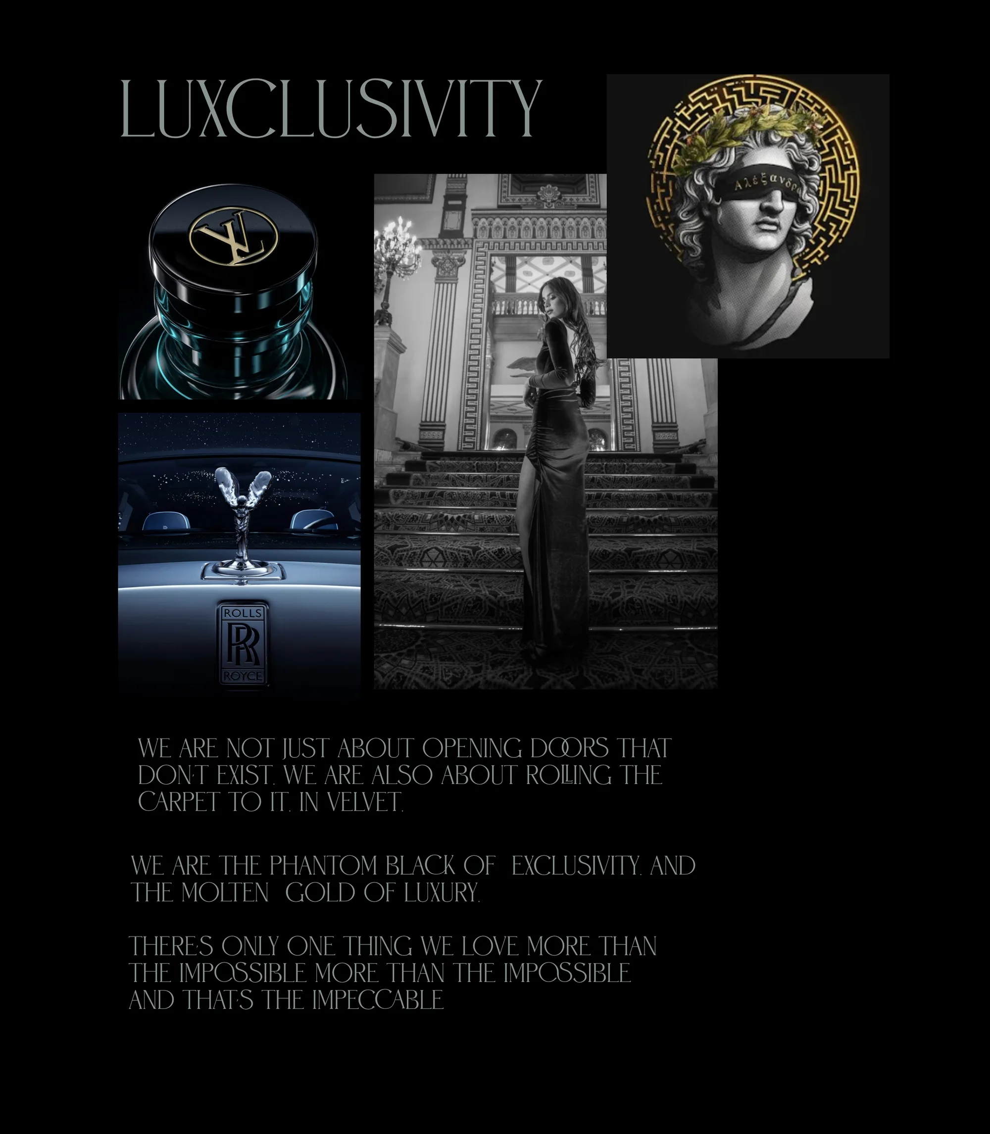 A ‘Luxclusivity’ moodboard combining a Louis Vuitton fragrance bottle, a Rolls-Royce interior, a laurelled bust motif, and black-and-white editorial photography on a grand staircase