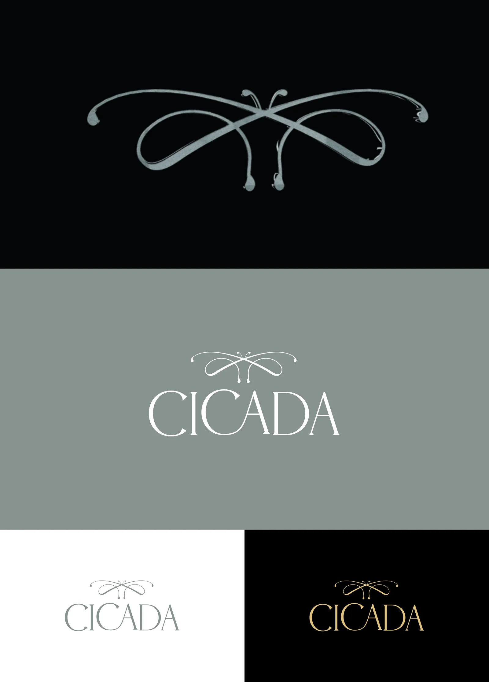The CICADA wordmark and emblem in three colour lockups: sage grey, white, and gold on black