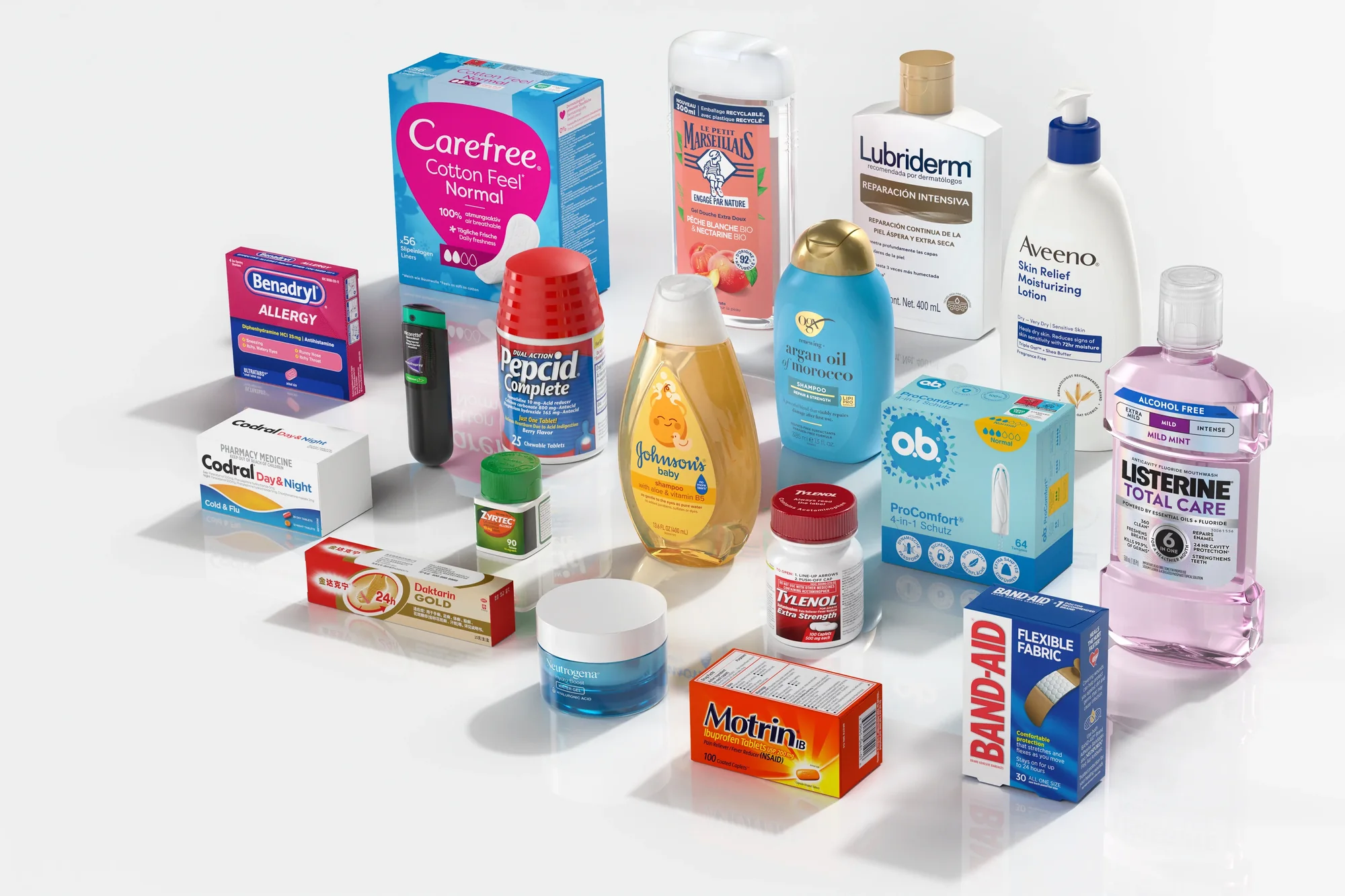 Roughly twenty Kenvue brands grouped together (Listerine, Johnson’s Baby, Tylenol, Band-Aid, Aveeno, Neutrogena, Carefree, Nicorette, Le Petit Marseillais, Lubriderm, Daktarin and more) on a single set