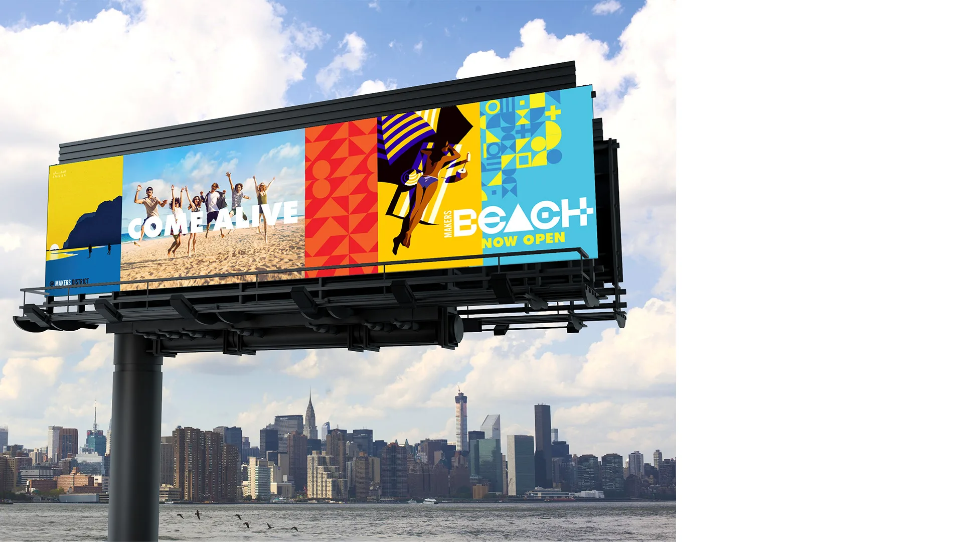 Makers Beach billboard over a city skyline reading ‘Come alive’, with the pattern system and wordmark