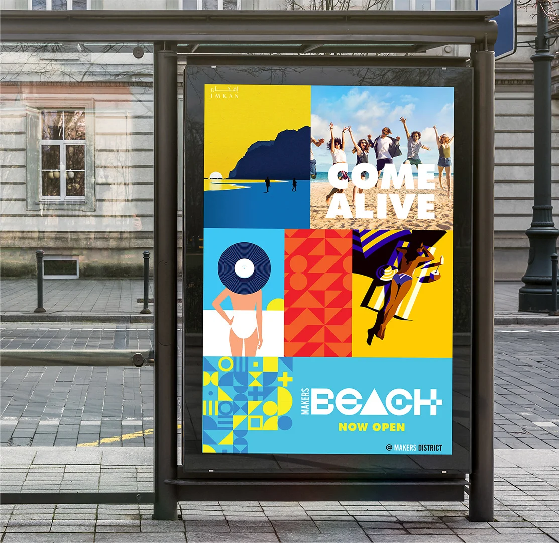 Makers Beach citylight bus-shelter ad reading ‘Now open’, combining photography, illustration and pattern in one layout