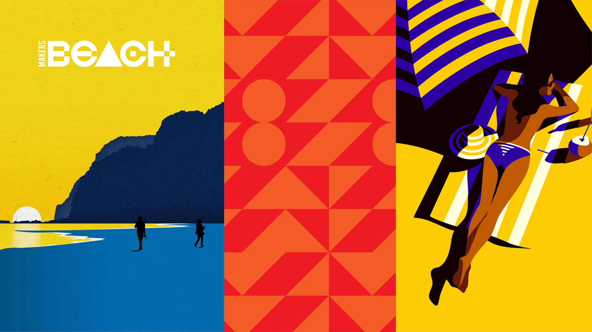 Makers Beach illustration language: a sunset beach walk, the triangle pattern, and a retro-style sunbather with a record-shaped sun hat