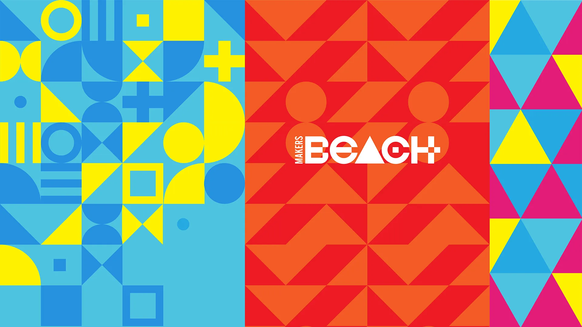 Makers Beach triangle pattern system in blue-and-yellow and red-and-orange colourways, with the wordmark on the red panel