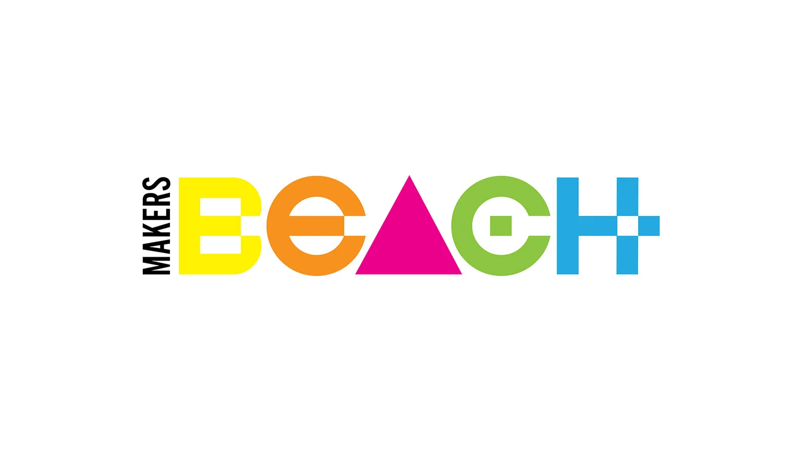 The finished Makers Beach wordmark in its full colour lockup: yellow, orange, magenta, green and blue