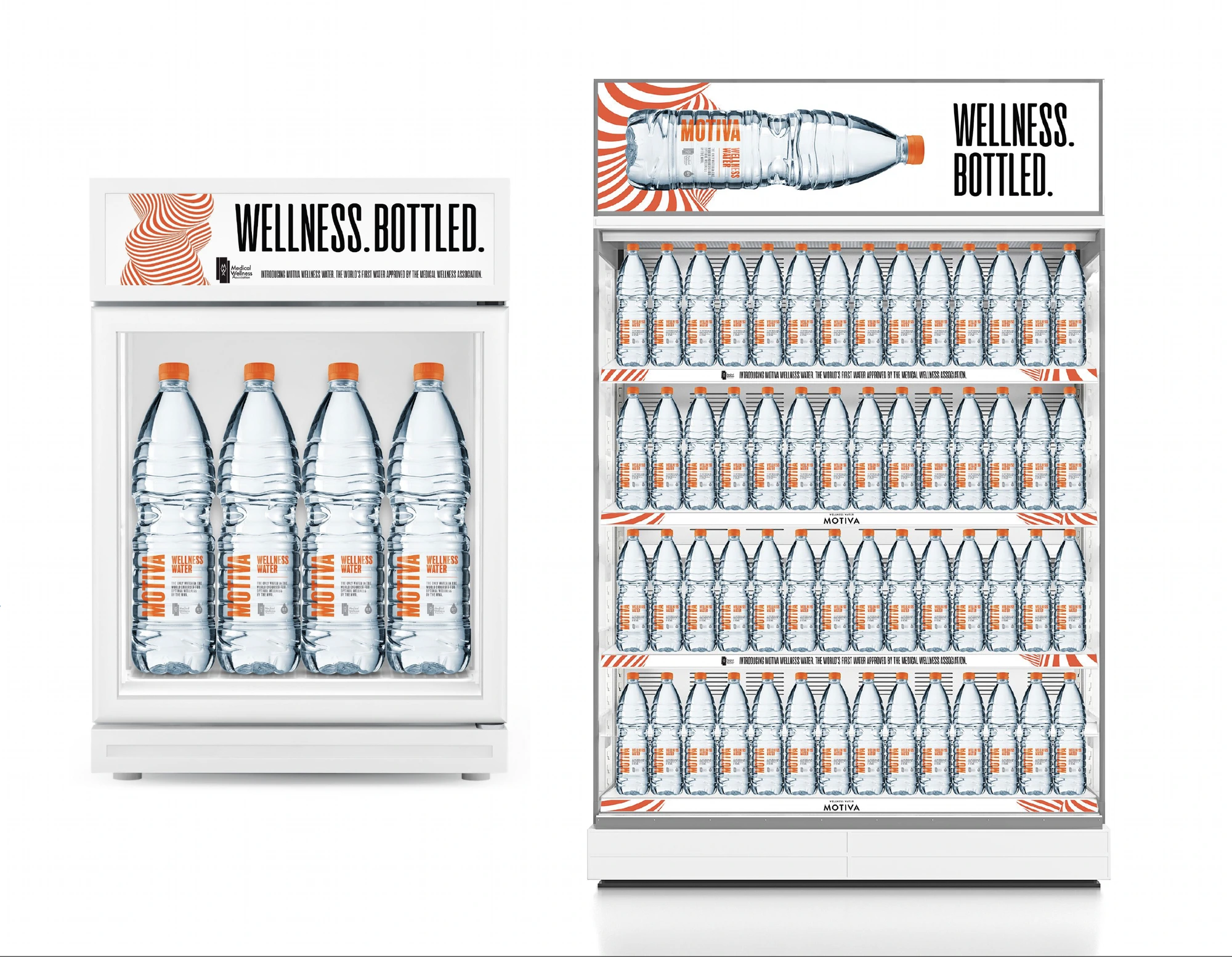 Motiva branded retail cooler and chiller display, stocked with bottles