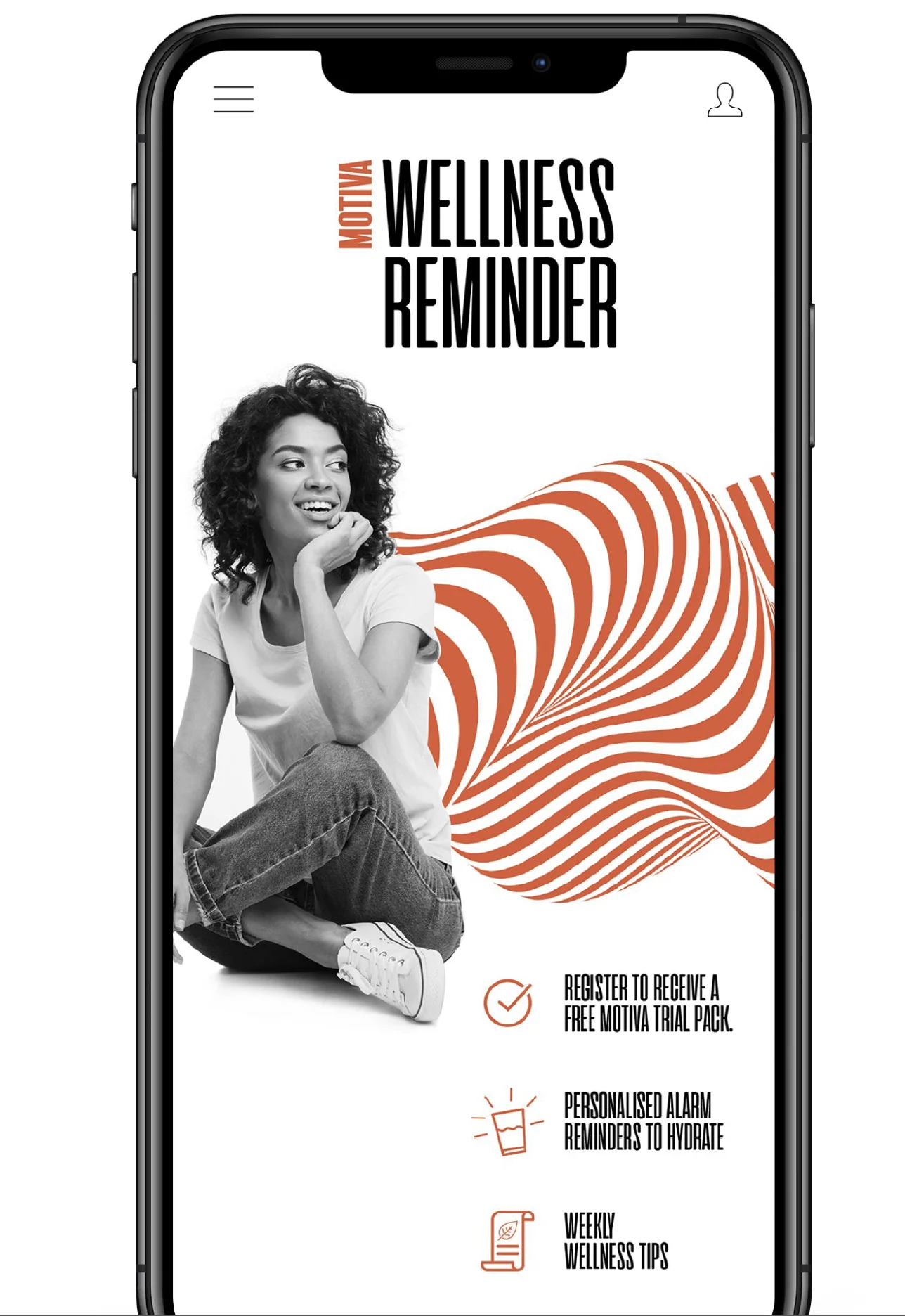 Motiva Wellness Reminder mobile app screen with sign-up and hydration reminders