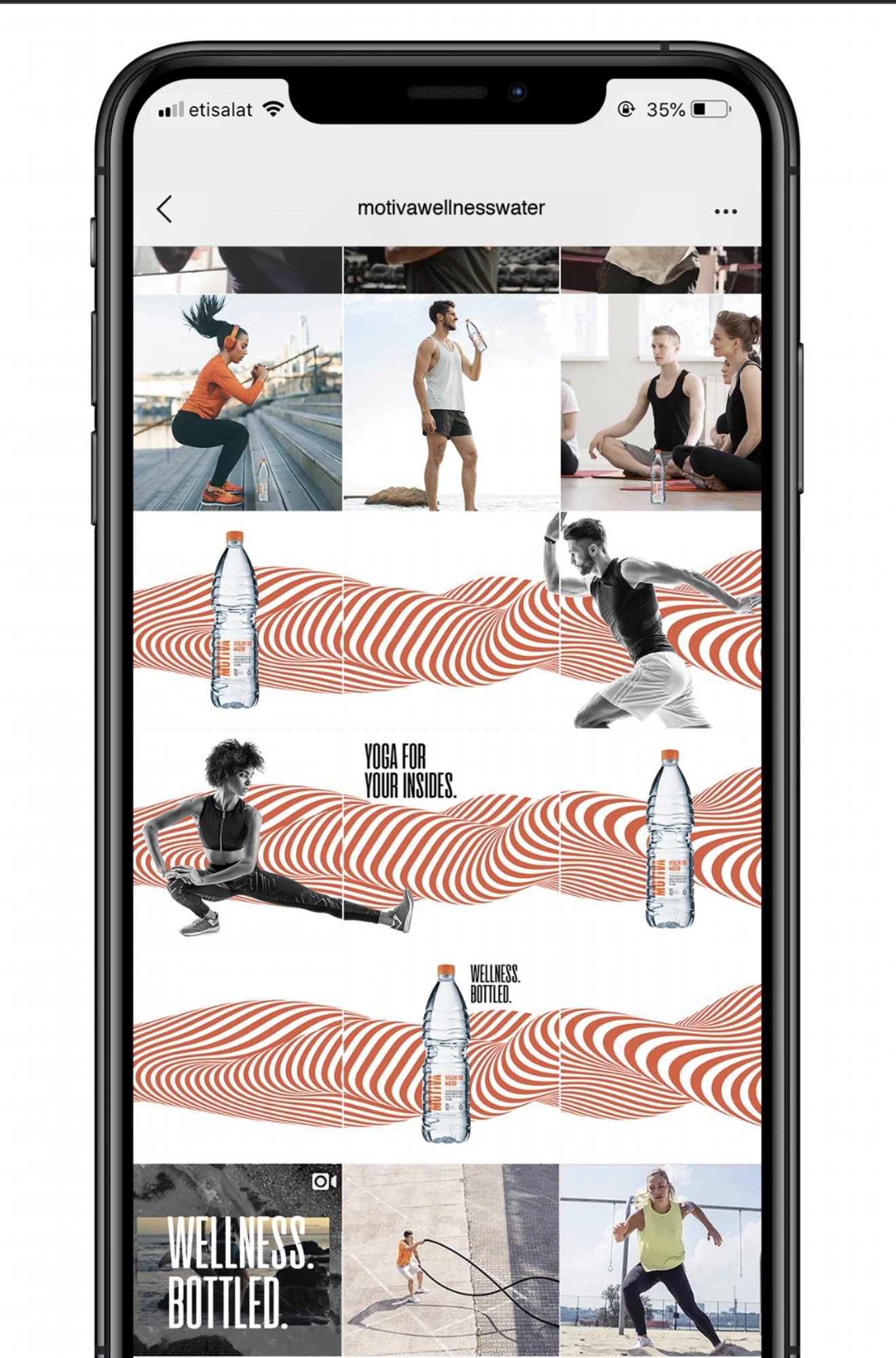 Motiva Wellness Water Instagram grid, mixing lifestyle photography and the wave campaign
