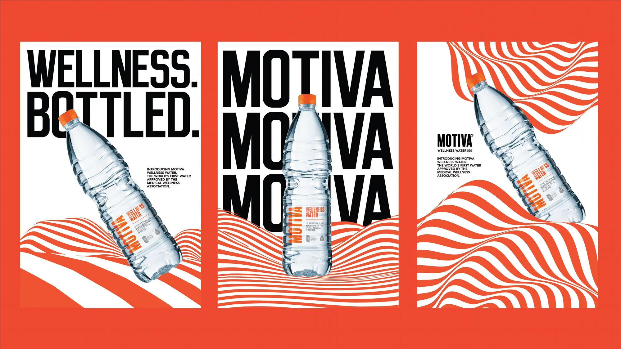 Three-poster Motiva print system: Wellness. Bottled., repeated wordmark, and brand info layout
