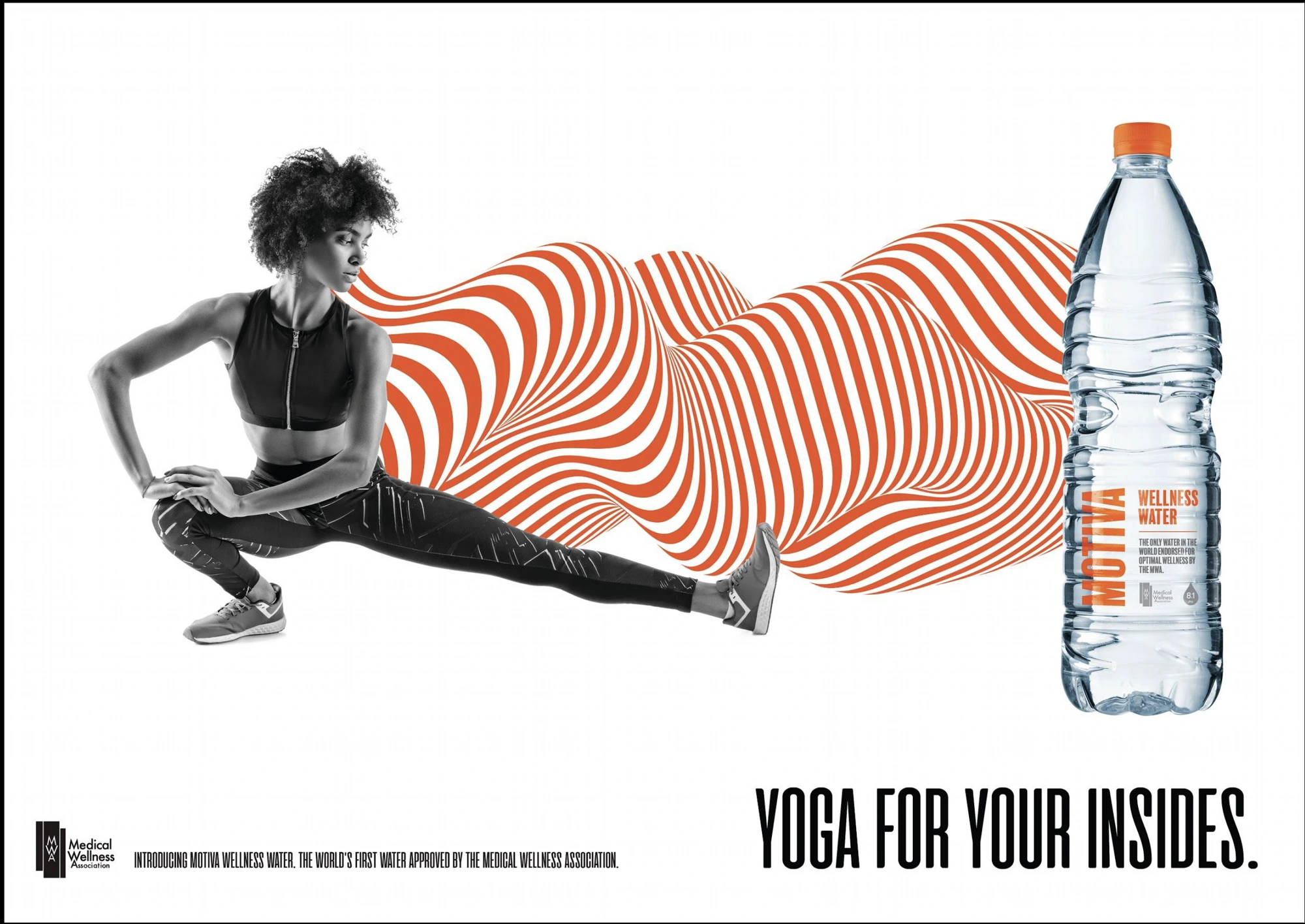 Motiva Wellness Water campaign ad, a woman stretching, headline Yoga for your insides.