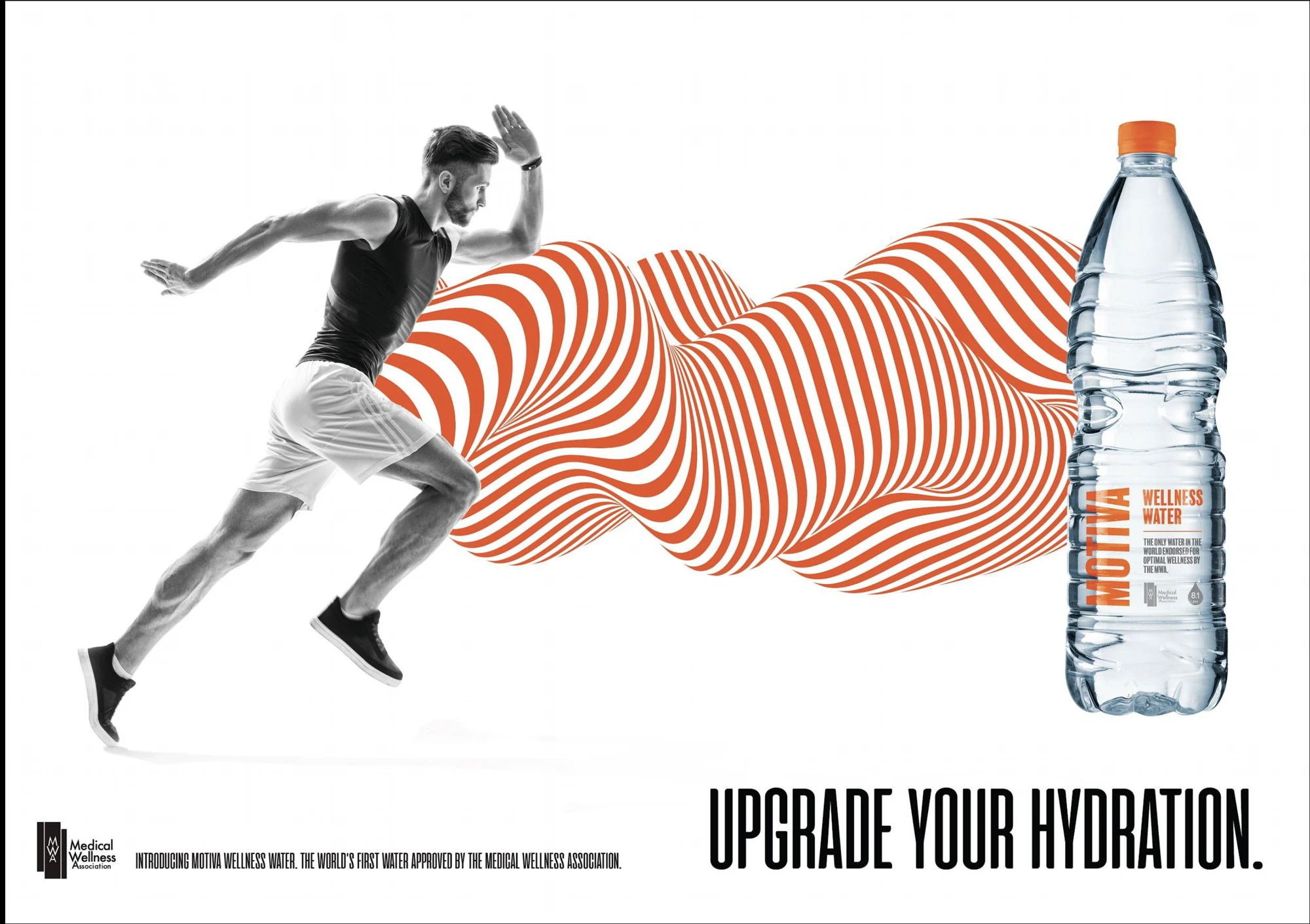 Motiva Wellness Water campaign ad, a man sprinting, headline Upgrade your hydration.