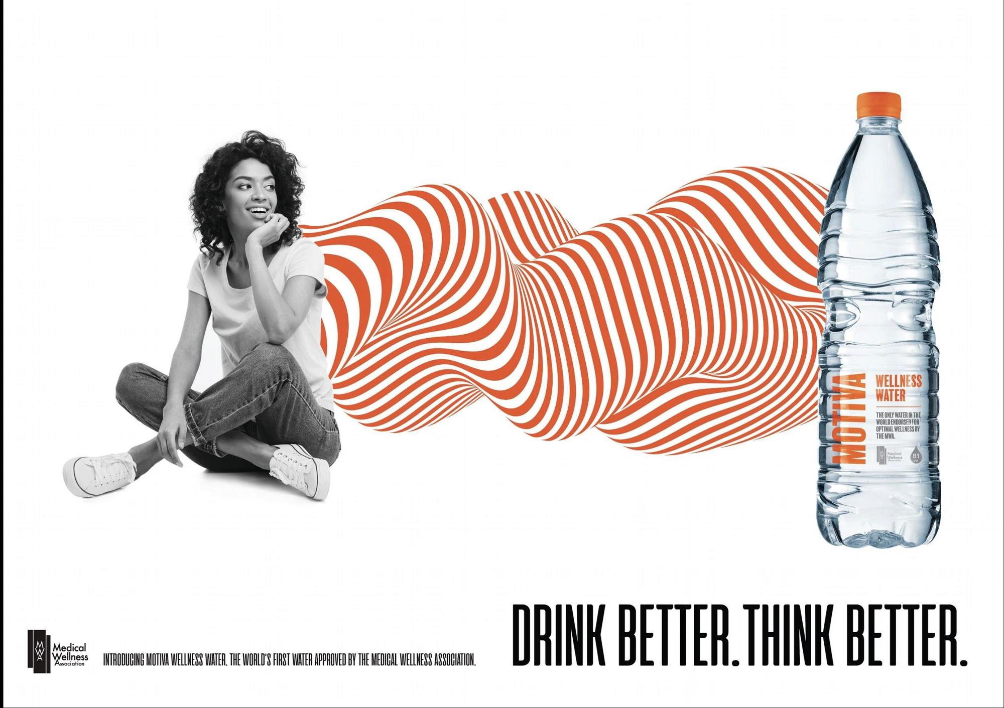 Motiva Wellness Water campaign ad, a woman smiling, headline Drink better. Think better.