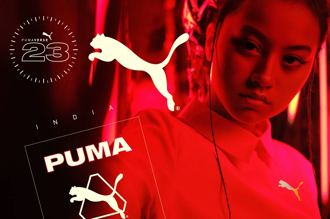 Pumaverse campaign portrait: a model lit in red, with the Pumaverse ’23 dial mark and the Puma wordmark tag