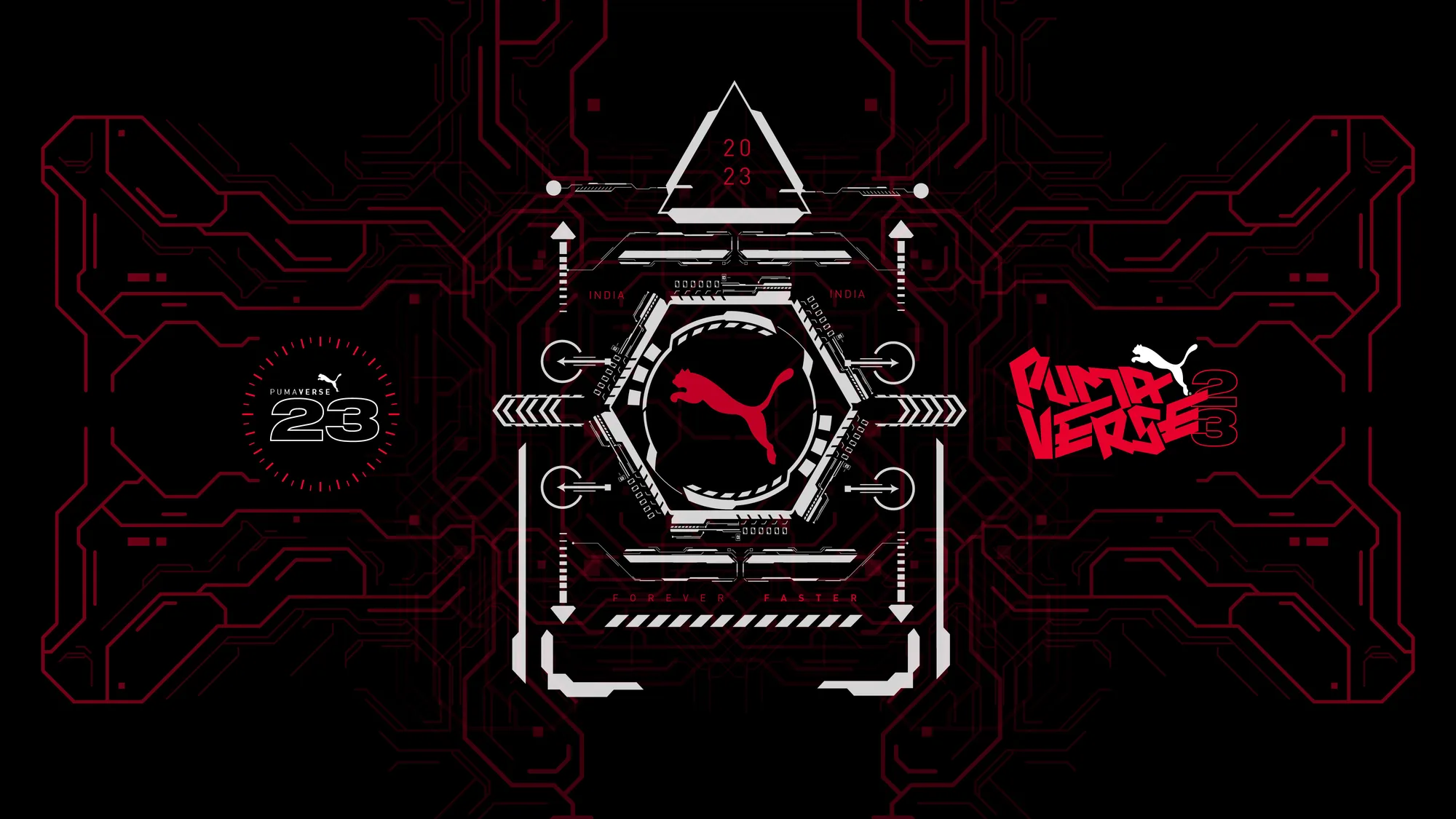 Pumaverse HUD graphic language: a radar dial, hexagonal target frame and circuit lines surrounding the leaping cat mark, with ‘FOREVER FASTER’ set inside