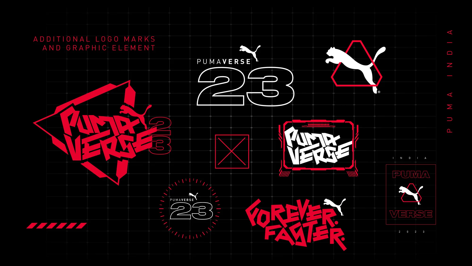 Sheet of additional Pumaverse logo marks and graphic elements: badge, seal, stopwatch dial and ‘FOREVER. FASTER.’ lockup variations