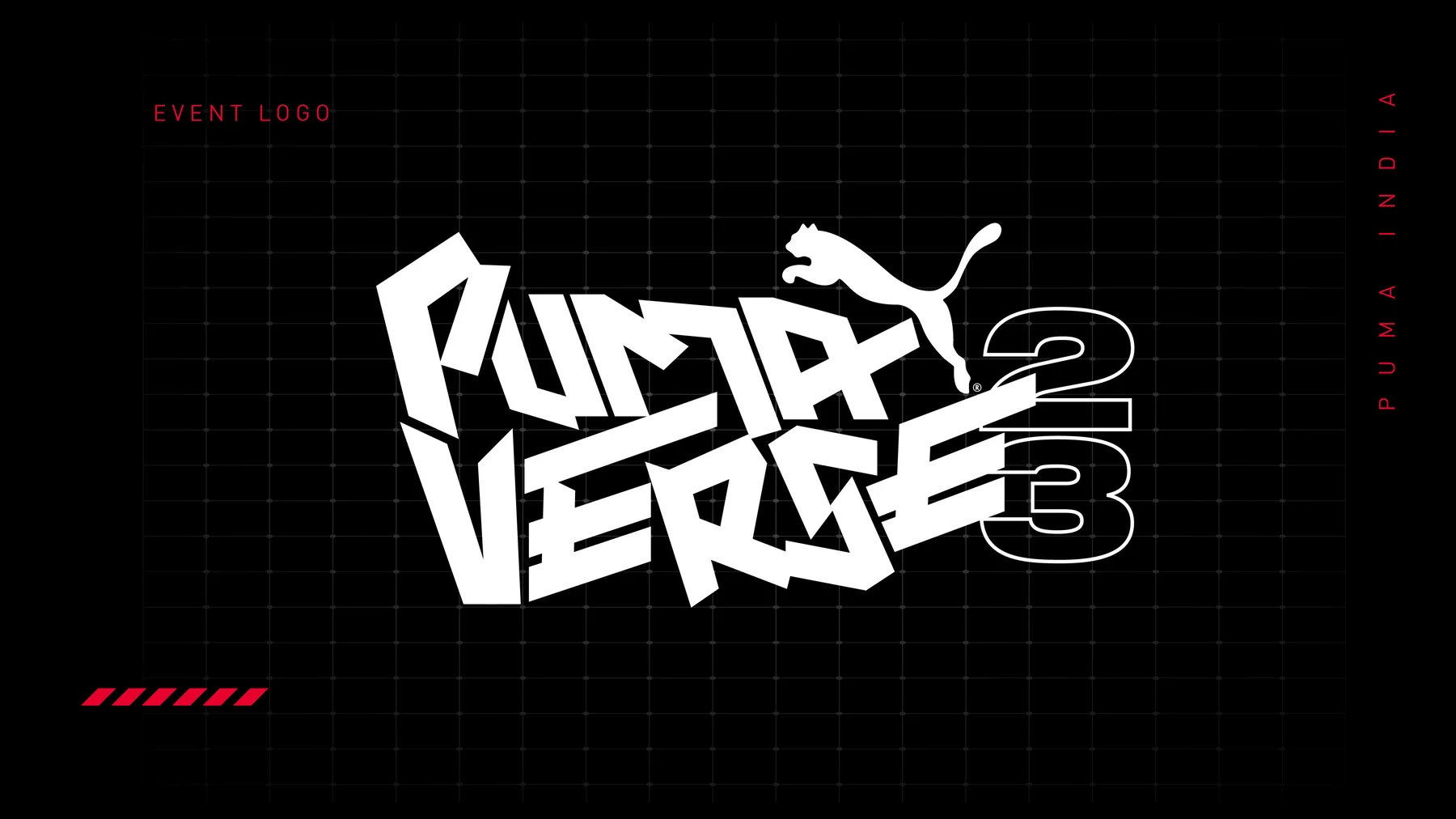 Construction sheet for the hand-built ‘PUMAVERSE 23’ event logotype with the leaping cat mark