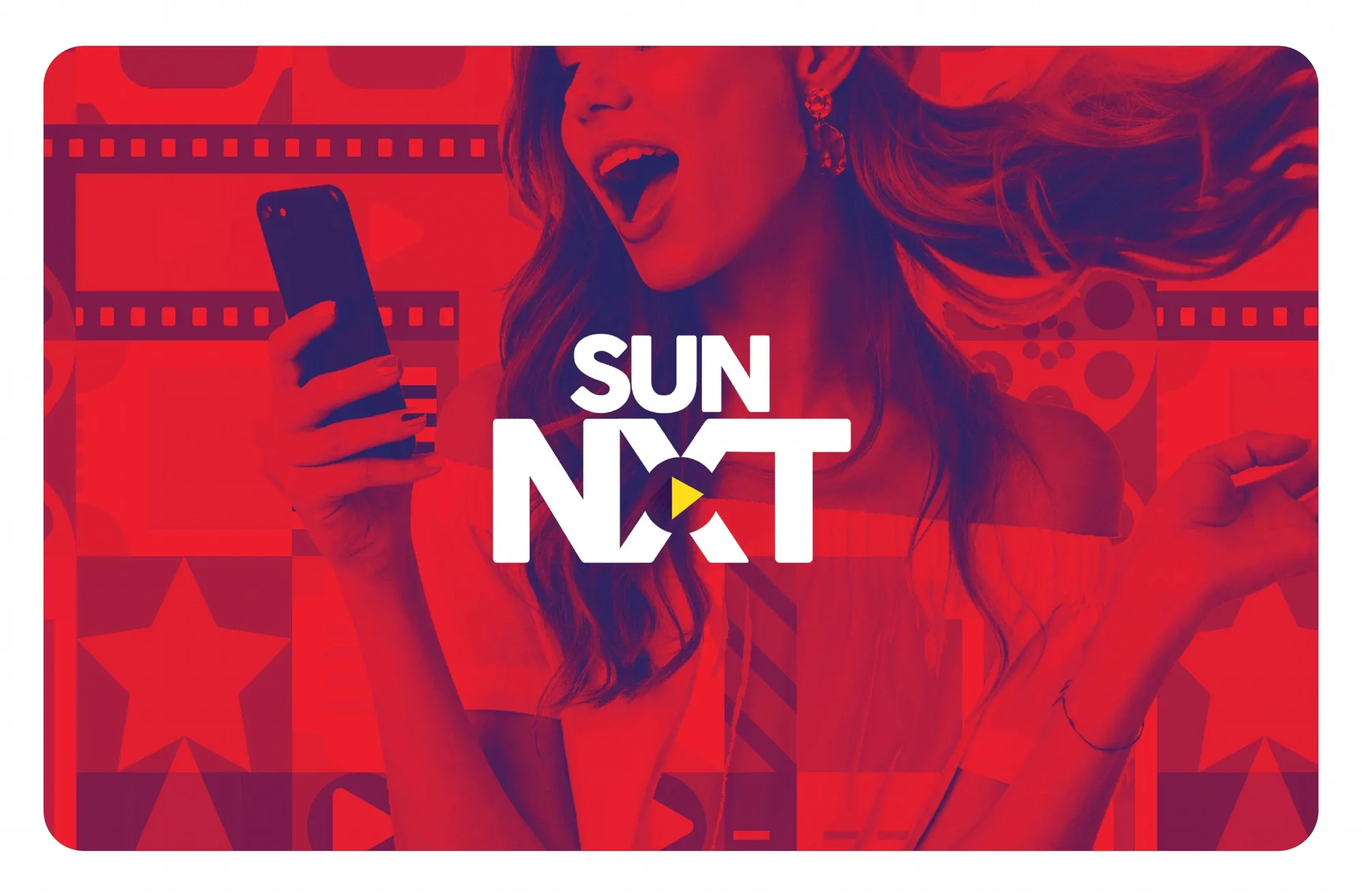 A red-and-violet Sun NXT campaign key visual: a young woman mid-laugh holding her phone, the wordmark over a filmstrip pattern