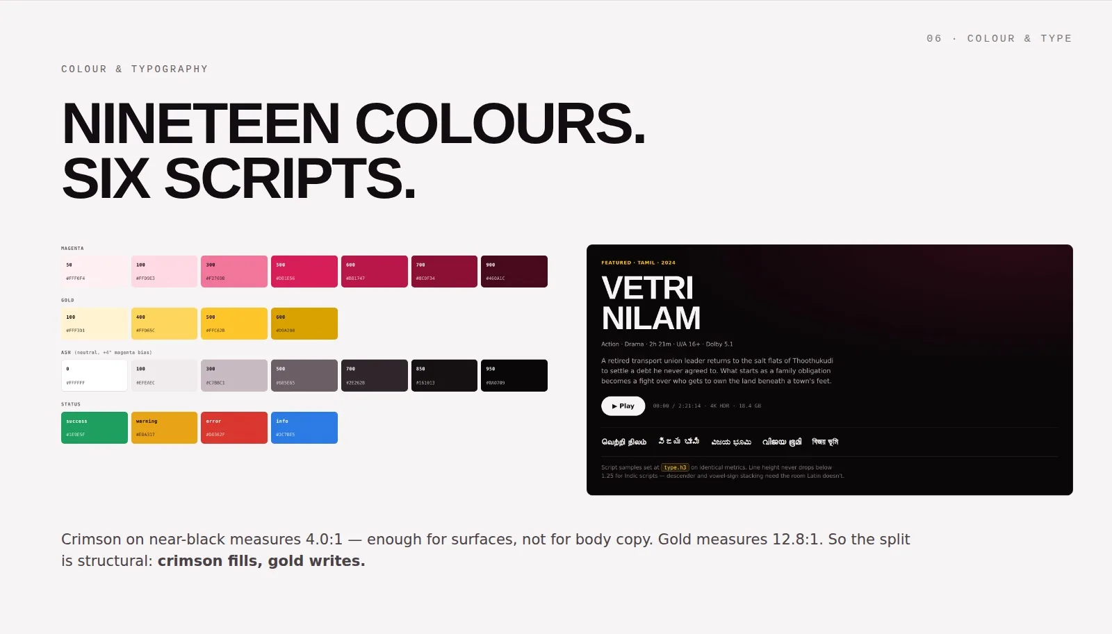 Colour ramps for magenta, gold, ash and status colours, with a featured content card showing the type scale
