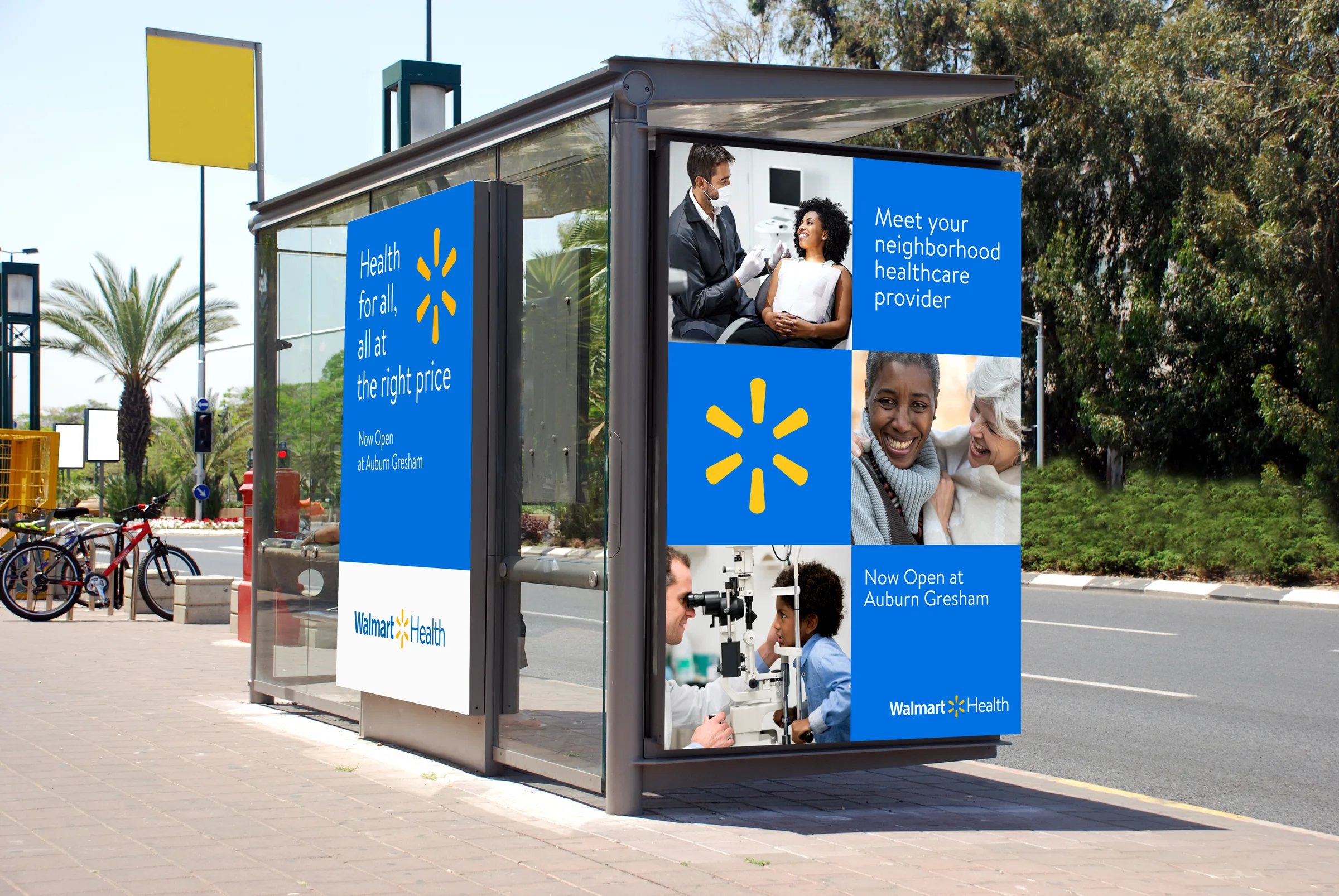 Walmart Health bus-shelter advertisement, ‘Meet your neighborhood healthcare provider’, Now Open at Auburn Gresham