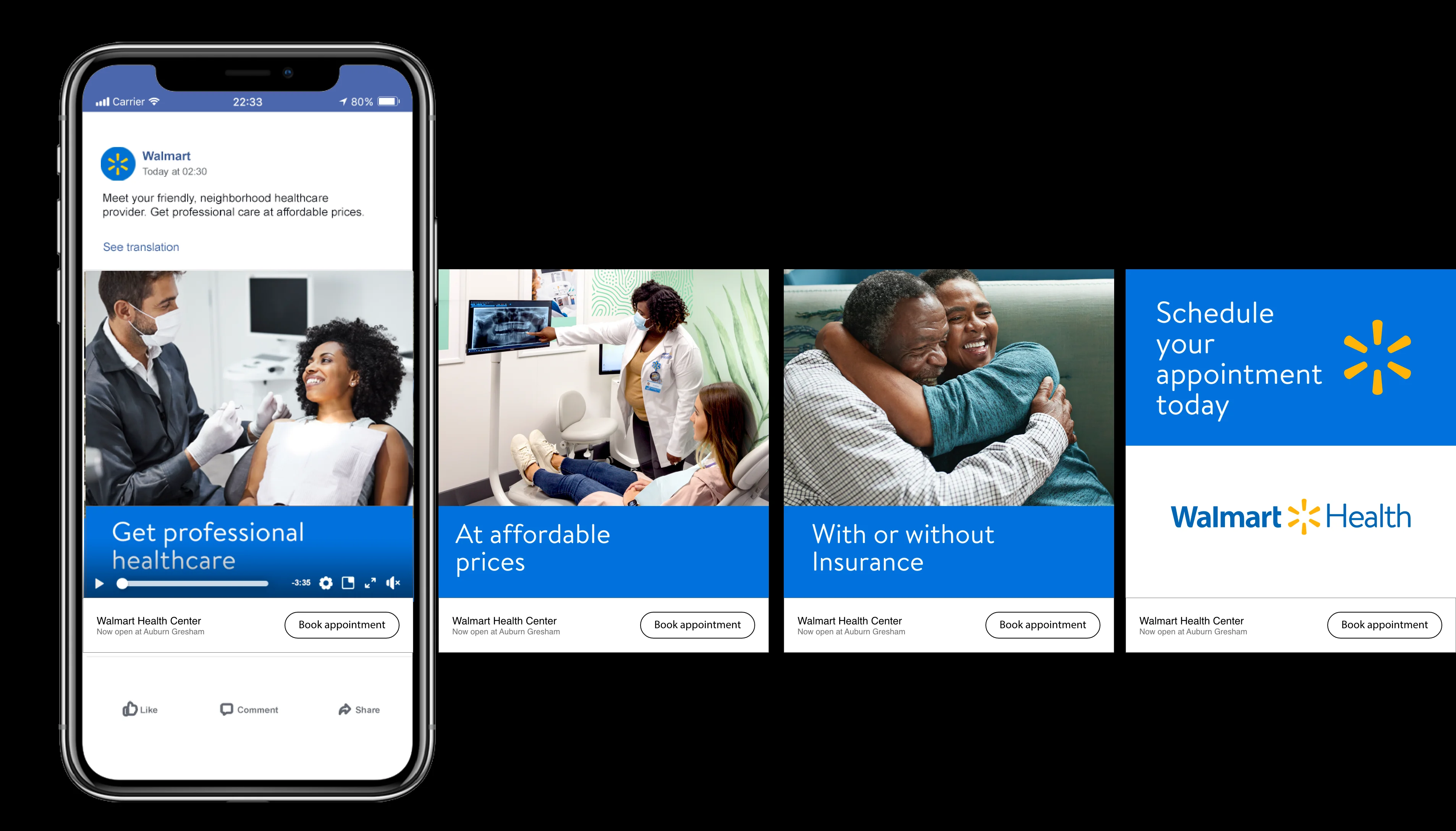 Walmart Health Facebook feed video ad and companion display ads, Now Open at Auburn Gresham