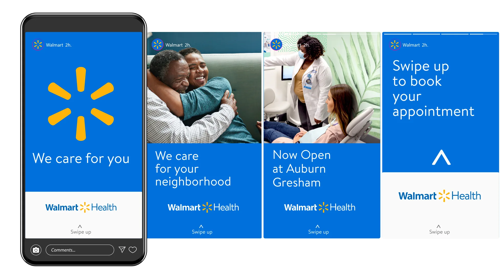Walmart Health Instagram Stories sequence: We care for you, We care for your neighborhood, Now Open at Auburn Gresham, Swipe up to book